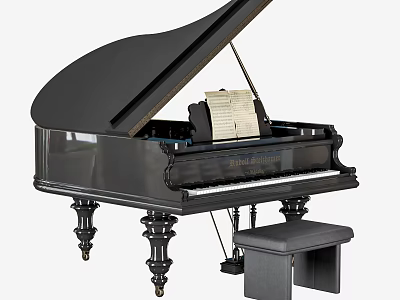 Classic Black Grand Piano Musical Instrument With Open Lid Sheet Music And Bench 3d model