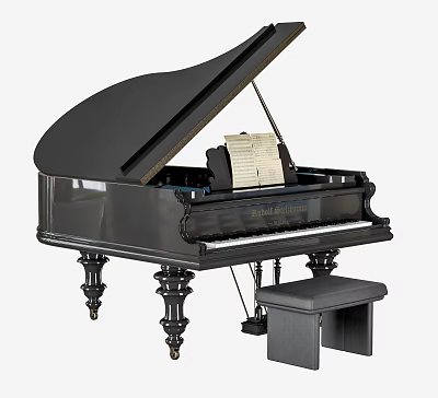 Classic Black Grand Piano Musical Instrument With Open Lid Sheet Music And Bench 3d model