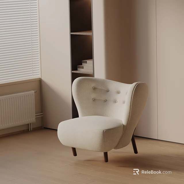 Beige Fabric Accent Chair With Button Tufted Back And Wooden Legs In Minimalist Room Interior Near Window 3d model 