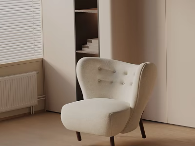 Beige Fabric Accent Chair With Button Tufted Back And Wooden Legs In Minimalist Room Interior Near Window 3d model