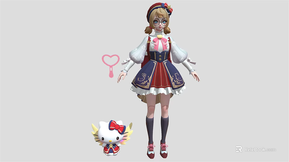 Cute Anime Girl in Bow Dress with Hello Kitty Like Creature and Yellow Wings 3d model 