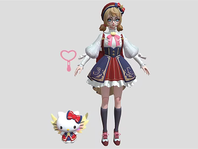 Cute Anime Girl in Bow Dress with Hello Kitty Like Creature and Yellow Wings 3d model