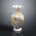White Ceramic Vase with Peacock and Floral Patterns Golden Blue Accents Ruffled Rim