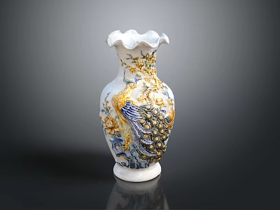 White Ceramic Vase with Peacock and Floral Patterns Golden Blue Accents Ruffled Rim 3d model