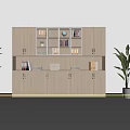 Modern Beige Console Side Cabinet With Storage Shelves Drawers And Green Plant