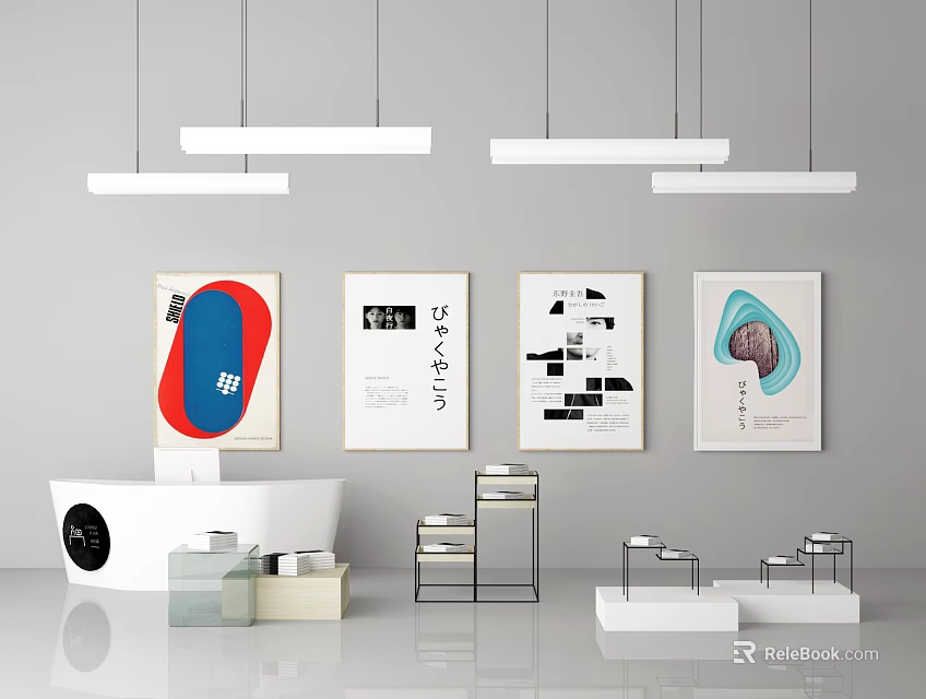 Modern Interior Design With Decorative Paintings Hanging Pendant Lights White Bathtub And Display Shelves 3d model 