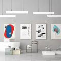 Modern Interior Design With Decorative Paintings Hanging Pendant Lights White Bathtub And Display Shelves