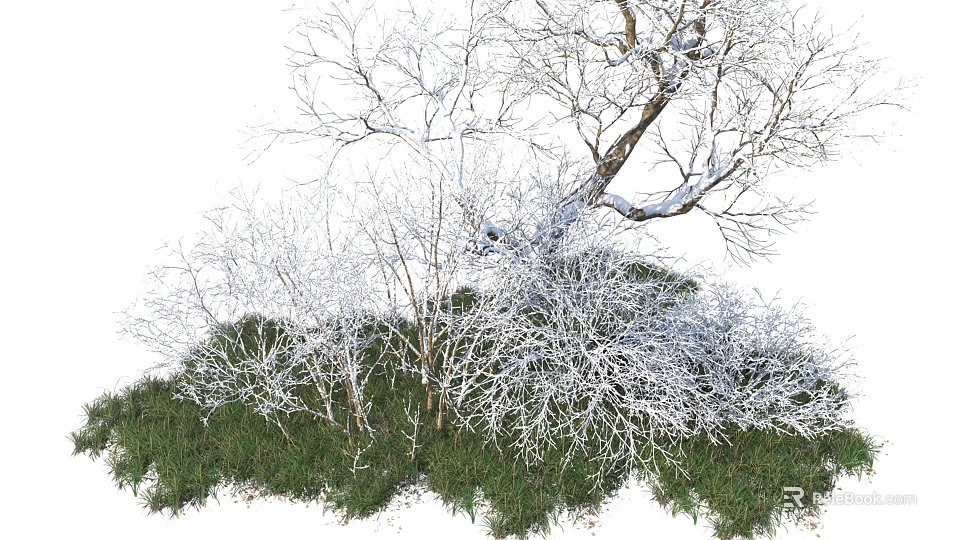 Snow Covered Arbor Tree With Frosted Branches Green Grass And Bushes 3d model 