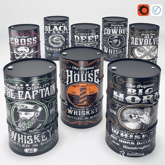 Vintage Whiskey Themed Metal Barrels Wall Decor With Various Designs And Typography 3d model 