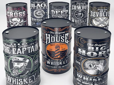 Vintage Whiskey Themed Metal Barrels Wall Decor With Various Designs And Typography 3d model