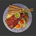 Delicious Ramen Bowl With Beef Slices Soft Boiled Egg Lime And Chopsticks