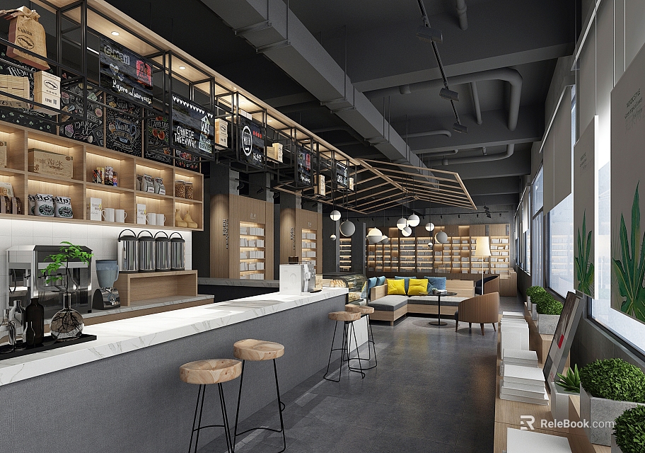 Book Art Themed Modern Space With Bookshelves Bar Counter Sofa And Green Plants 3d model 