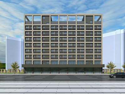 Modern Commercial Complex With Multi Storey Design Large Windows Ground Floor Shops And Road Vehicles 3d model