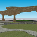 Outdoor Pergola With Curved Structure Natural Material Bamboo Trees And Soft Lighting