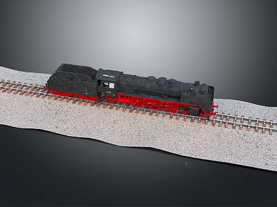 Black Model Train with Red Bottom on Railway Tracks and Gray Gravel 3d model
