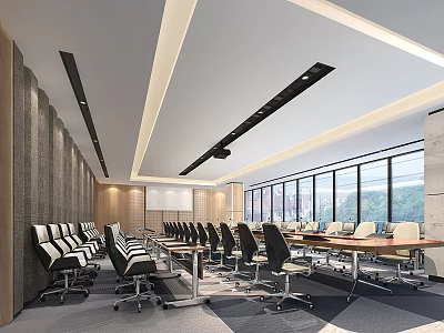 Modern Conference Room With Long Table Black Chairs Large Windows And Projection Screen 3d model