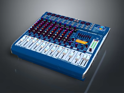 Blue Audio Mixer Console With Multiple Control Knobs And Sliding Faders 3d model