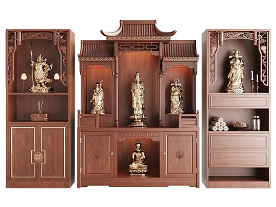 Traditional Chinese Altar Cabinets With Carved Design And Buddha Statues 3d model