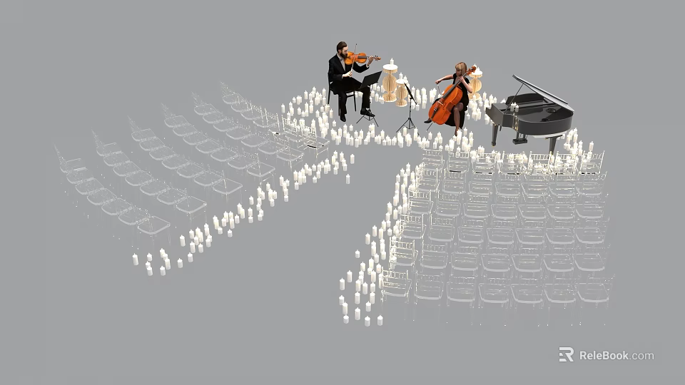 Concert Stage With Violinist Cellist Piano And Audience Seats Setup 3d model 