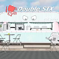 Double SIX Food Cart Restaurant With Pastel Green Pink Exterior Neon Sign And Outdoor Seating