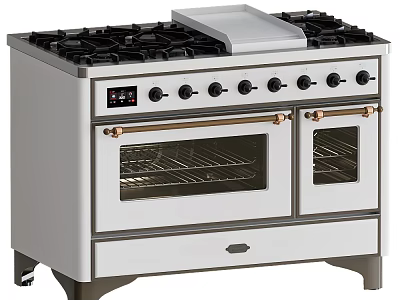 White Double Oven Gas Range With Brass Handles And Multiple Burners For Modern Kitchen Appliances 3d model