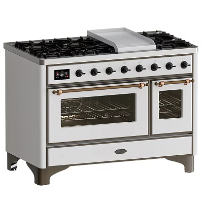 White Double Oven Gas Range With Brass Handles And Multiple Burners For Modern Kitchen Appliances 3d model