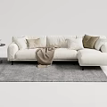 White Sectional Sofa With Multiple Cushions Throw Blanket And Side Table On Gray Rug 3d model