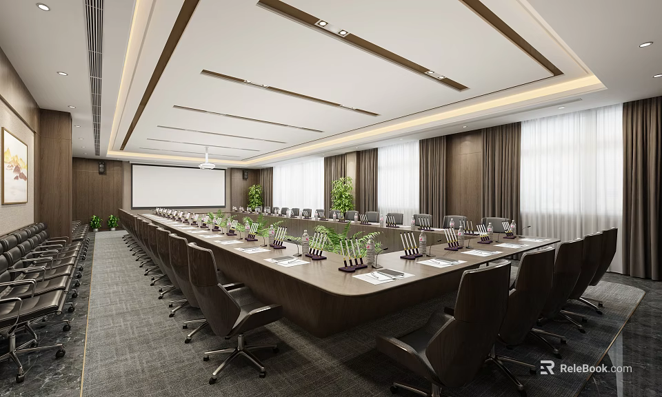 Modern Conference Room Interior With Long Table Green Plants And Projection Screen 3d model 