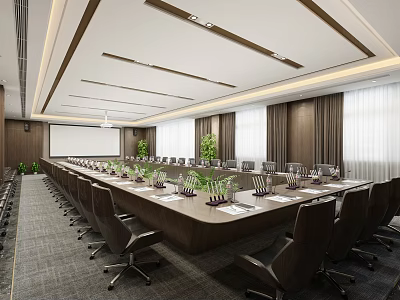 Modern Conference Room Interior With Long Table Green Plants And Projection Screen 3d model