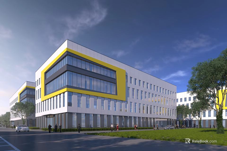 Modern Office Building With Glass Facade Yellow Accents White Exterior And Green Surroundings 3d model 