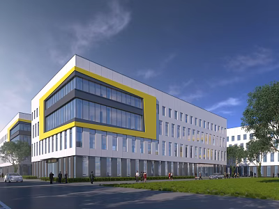 Modern Office Building With Glass Facade Yellow Accents White Exterior And Green Surroundings 3d model