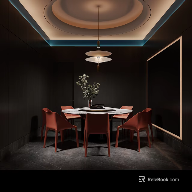Modern Elegant Private Dining Room With Round Table And Red Chairs 3d model