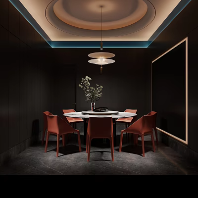 Modern Elegant Private Dining Room With Round Table And Red Chairs 3d model