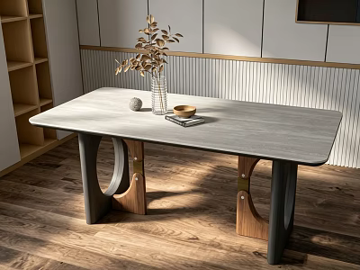 Modern Grey Dining Table With Unique Wooden Metal Legs And Decorative Items On Wooden Floor 3d model