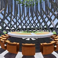 Outdoor Table And Chair Set Under Interlaced Branches Structure With Green Leaves