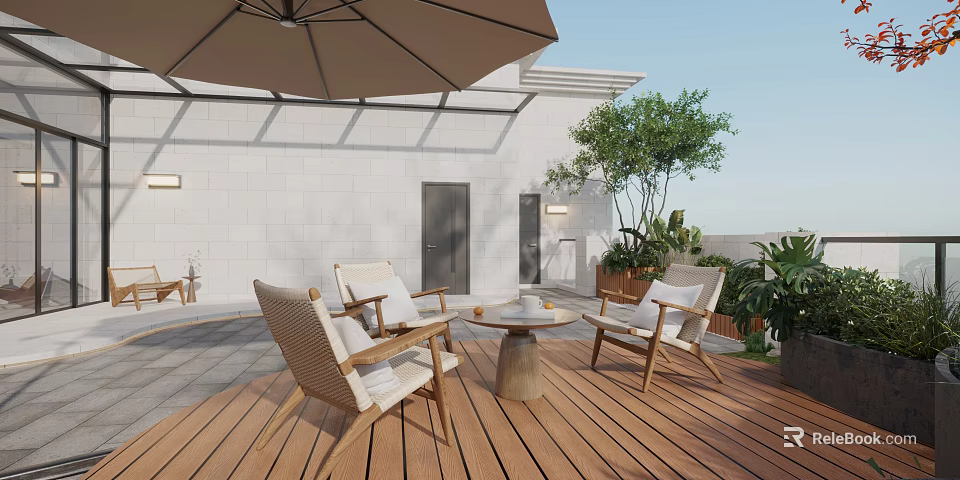 Outdoor Patio Garden Design With Wooden Deck Wicker Chairs Round Table Umbrella And Green Plants 3d model 