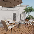 Outdoor Patio Garden Design With Wooden Deck Wicker Chairs Round Table Umbrella And Green Plants