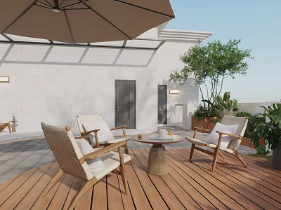 Outdoor Patio Garden Design With Wooden Deck Wicker Chairs Round Table Umbrella And Green Plants 3d model