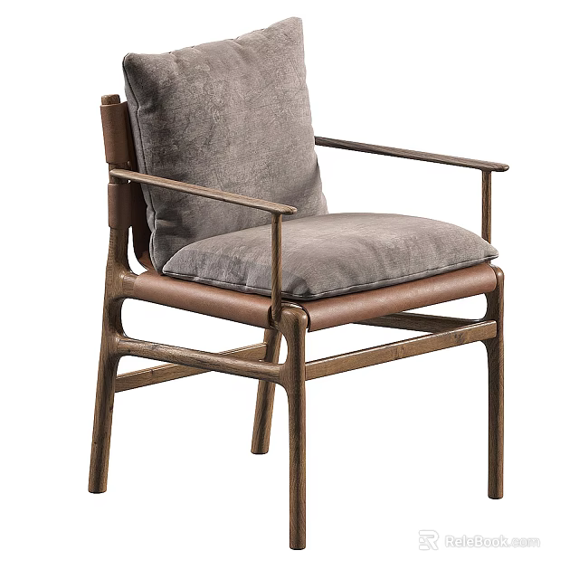 Modern Single Chair With Gray Velvet Cushion Brown Wooden Frame And Armrests 3d model 