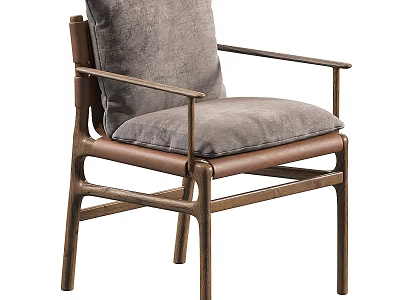 Modern Single Chair With Gray Velvet Cushion Brown Wooden Frame And Armrests 3d model