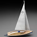 Wooden Hull Sailboat Model With White Sail Black Logo And Blue Bottom Design