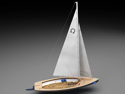 Wooden Hull Sailboat Model With White Sail Black Logo And Blue Bottom Design 3d model