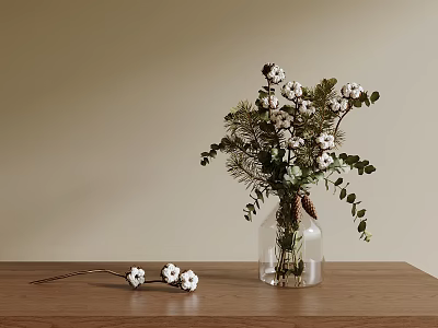 Wooden Tea Table And Chairs Decorated With Clear Vase Cotton Pine Branches And White Flowers 3d model