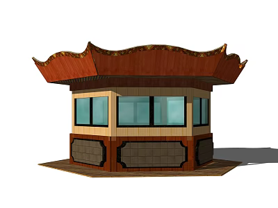 Traditional Pavilion Structure With Curved Roof Windows And Decorative Base Design 3d model