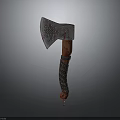 Ornate Decorative Axe Featuring Carved Metal Head And Detailed Wooden Handle
