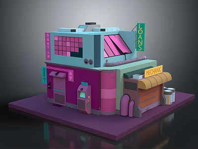 Colorful Cartoon Style 3D Model Building With DANS And RECEPTION Signboards Awning Windows And Doors 3d model