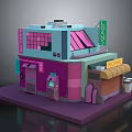 Colorful Cartoon Style 3D Model Building With DANS And RECEPTION Signboards Awning Windows And Doors