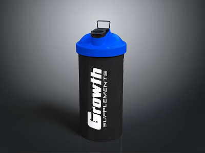 Shaker Bottle With Black Body And Blue Lid And Growth Supplements Text 3d model