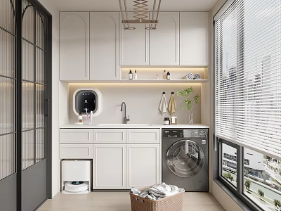Modern Home Balcony Design With White Cabinets Washing Machine Robot Vacuum And Green Plants 3d model