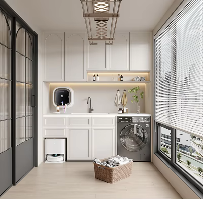 Modern Home Balcony Design With White Cabinets Washing Machine Robot Vacuum And Green Plants 3d model
